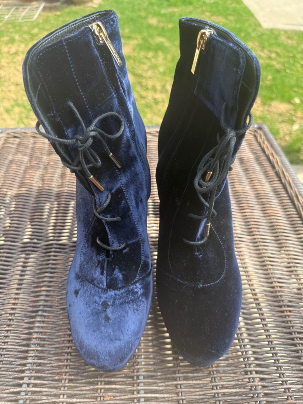 Jimmy Choo Velvet Lace-Up Ankle Boots in Navy and Black with Gold Zippers